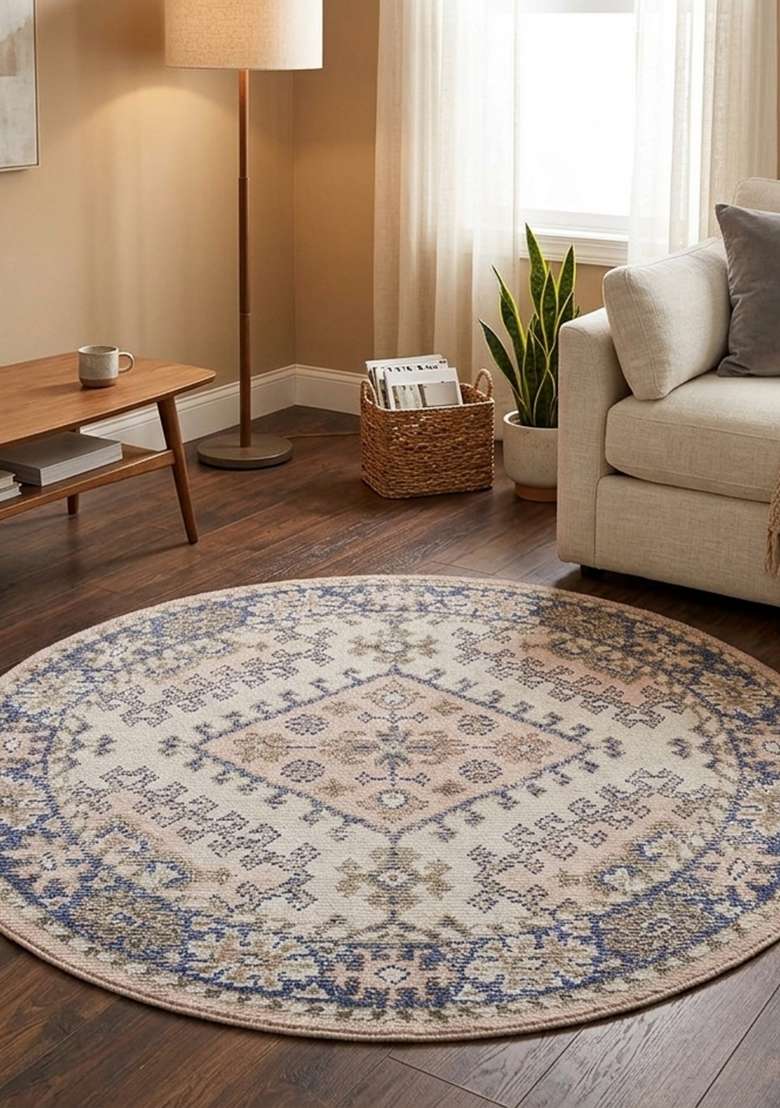Saffron Rugs Hand Knotted Beige Blue Wool Geometric Round Rug - Indya