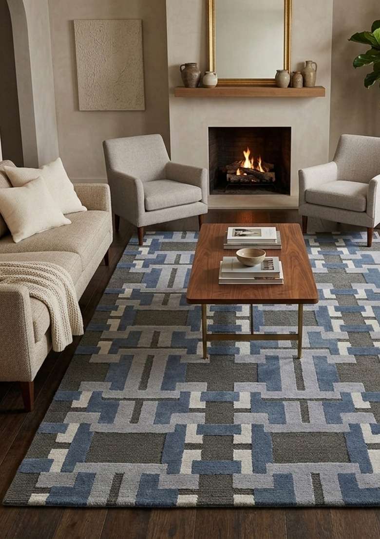Saffron Rugs Hand Knotted Blue Grey Wool Rectangular Rug - Indya