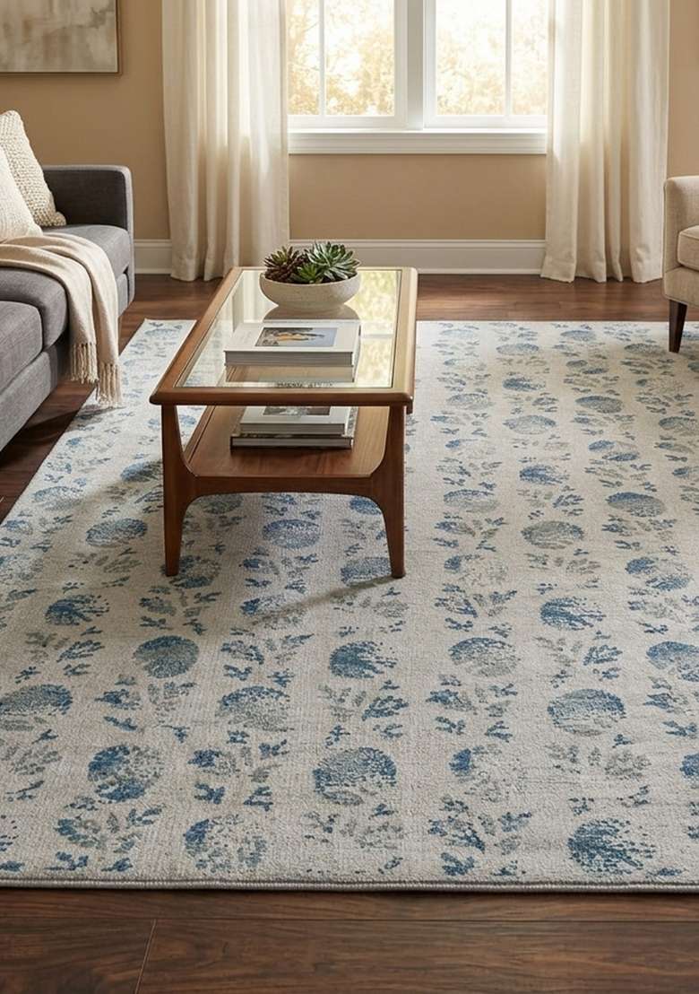 Saffron Rugs Blue Grey Floral Hand Knotted Wool Rectangular Rug - Indya