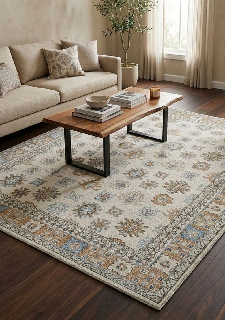 Saffron Rugs Hand Knotted Cream Wool Geometric Rectangular Rug - Indya
