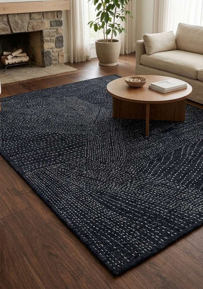 Saffron Rugs Hand Knotted Dark Navy Blue Wool Rectangular Rug - Indya
