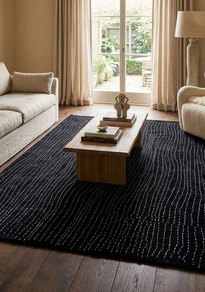 Saffron Rugs Hand Knotted Black Wool Striped Rectangular Rug - Indya