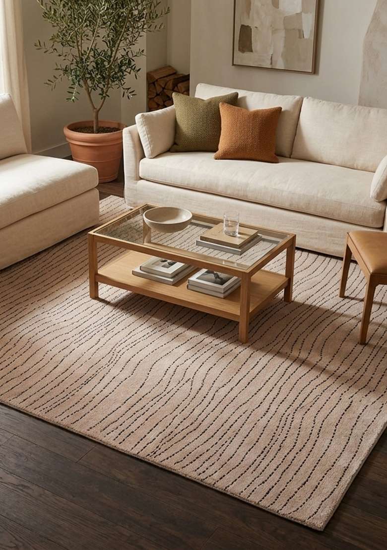 Saffron Rugs Hand Knotted Beige Wool Moire Rectangular Rug - Indya