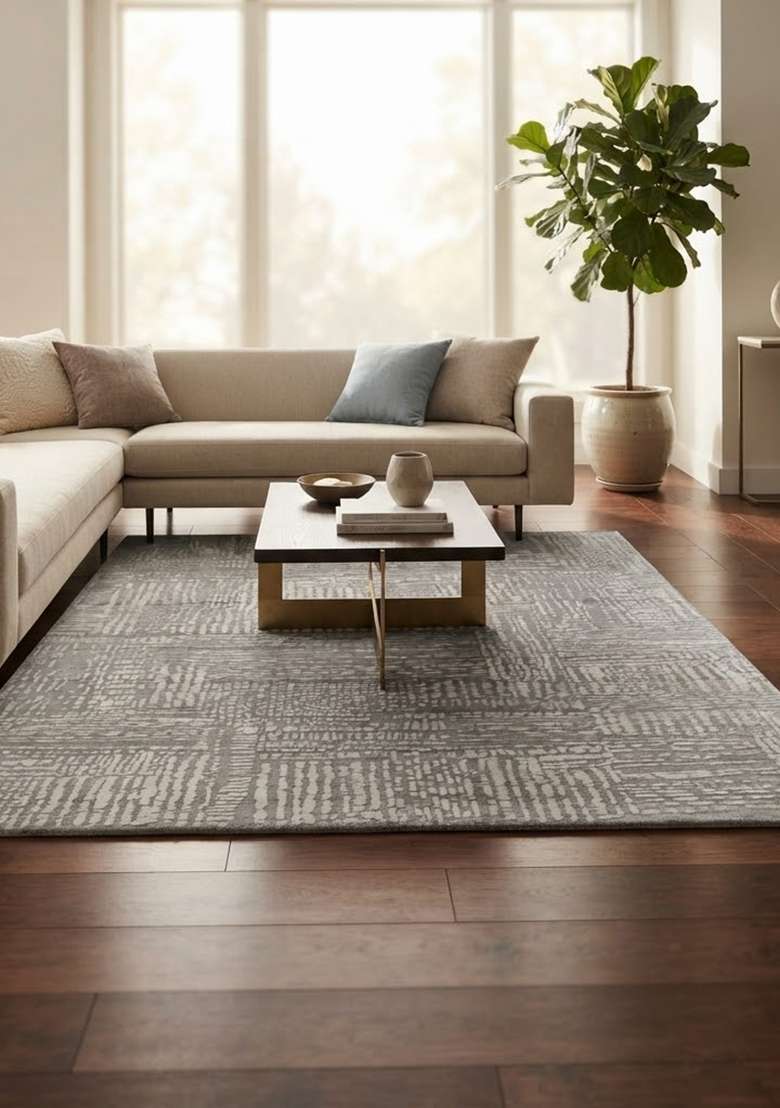 Saffron Rugs Hand Knotted Grey Wool Geometric Rectangular Rug - Indya