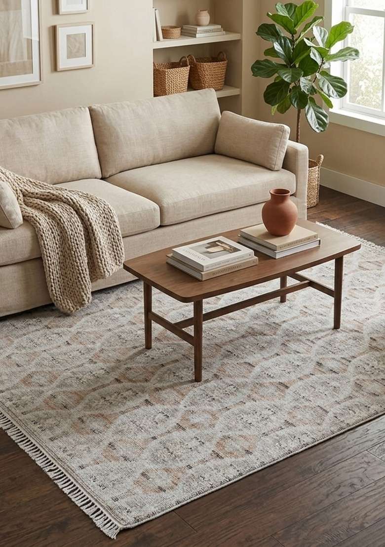 Saffron Rugs Hand Knotted Cream Grey Wool Rectangular Rug - Indya