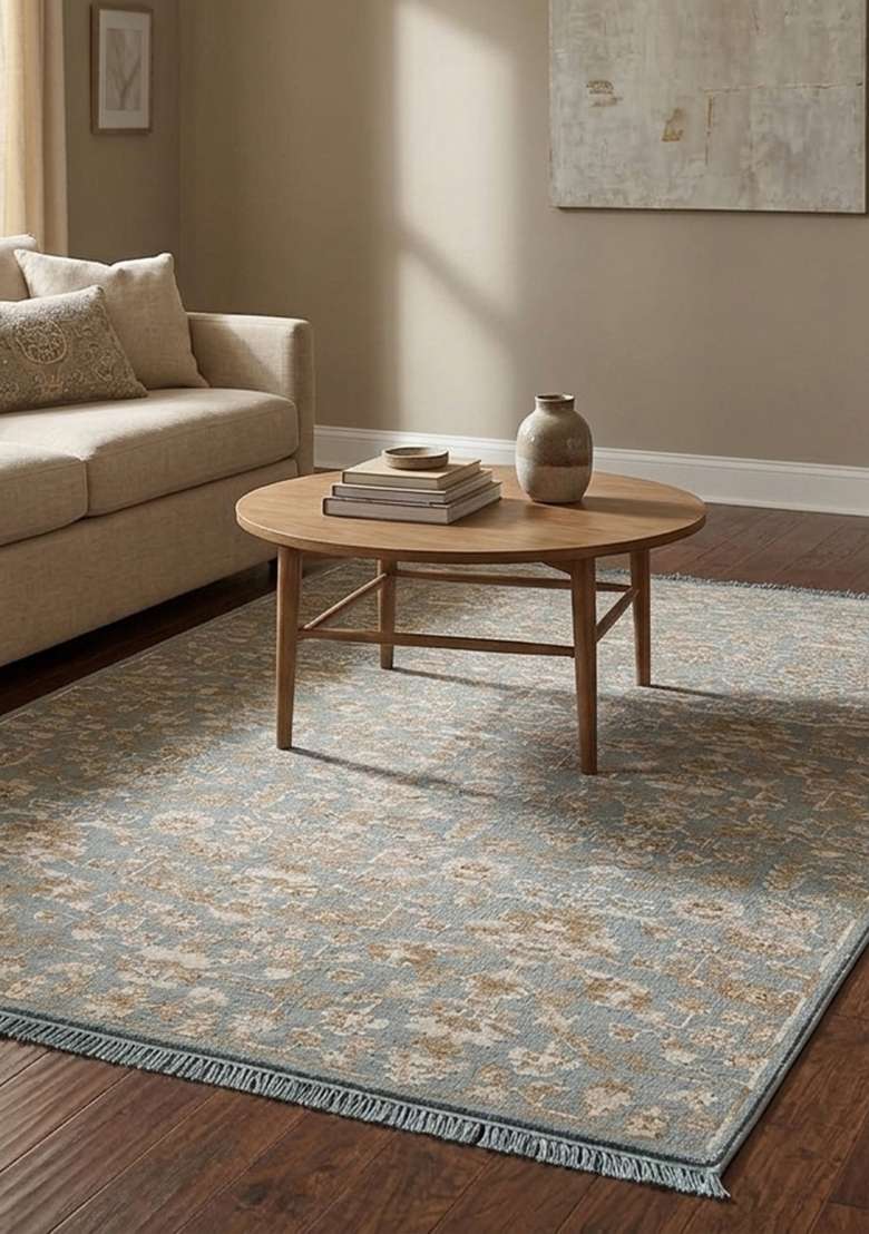 Saffron Rugs Hand Knotted Light Blue Wool Floral Rectangular Rug - Indya