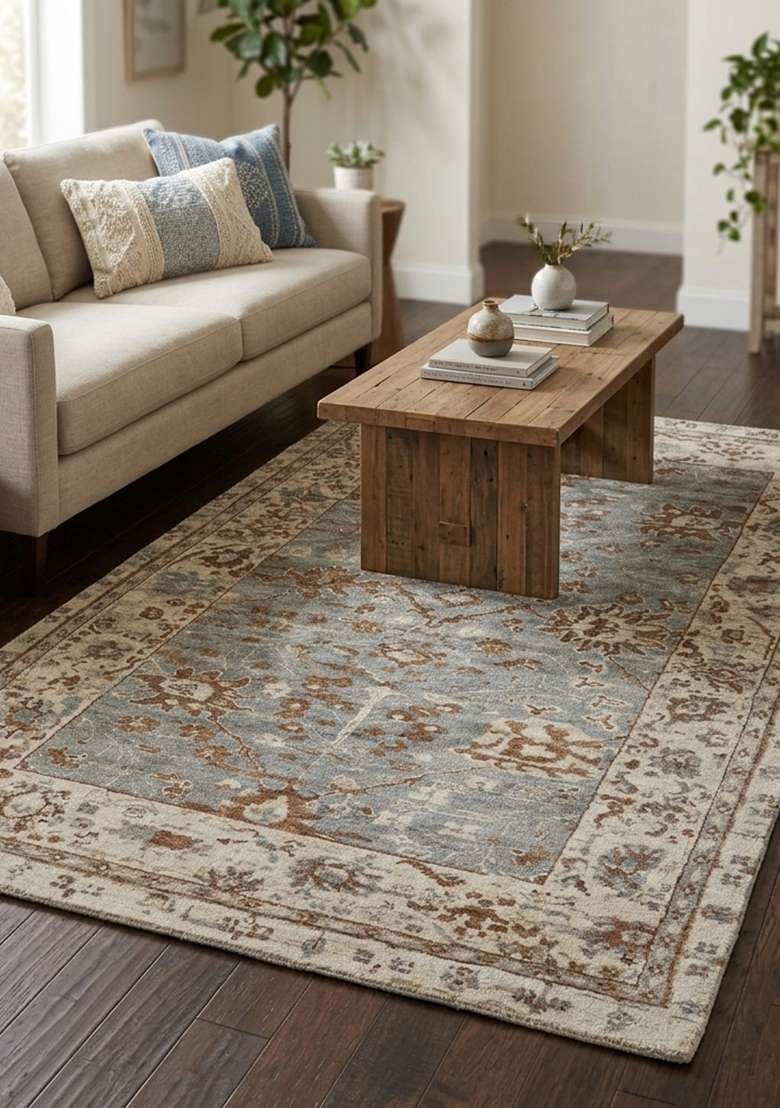 Saffron Rugs Hand Knotted Blue Grey Wool Floral Rectangular Rug - Indya