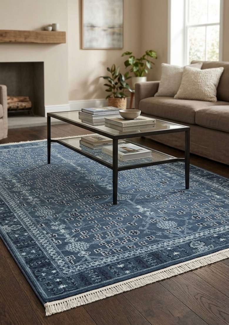 Saffron Rugs Navy Blue Hand Knotted Wool Rectangular Rug - Indya