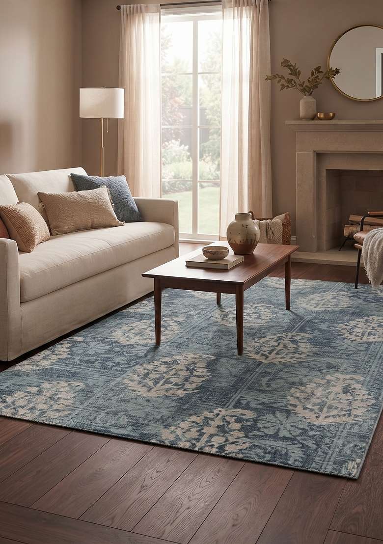 Saffron Rugs Hand Knotted Slate Blue Wool Floral Rectangular Rug - Indya