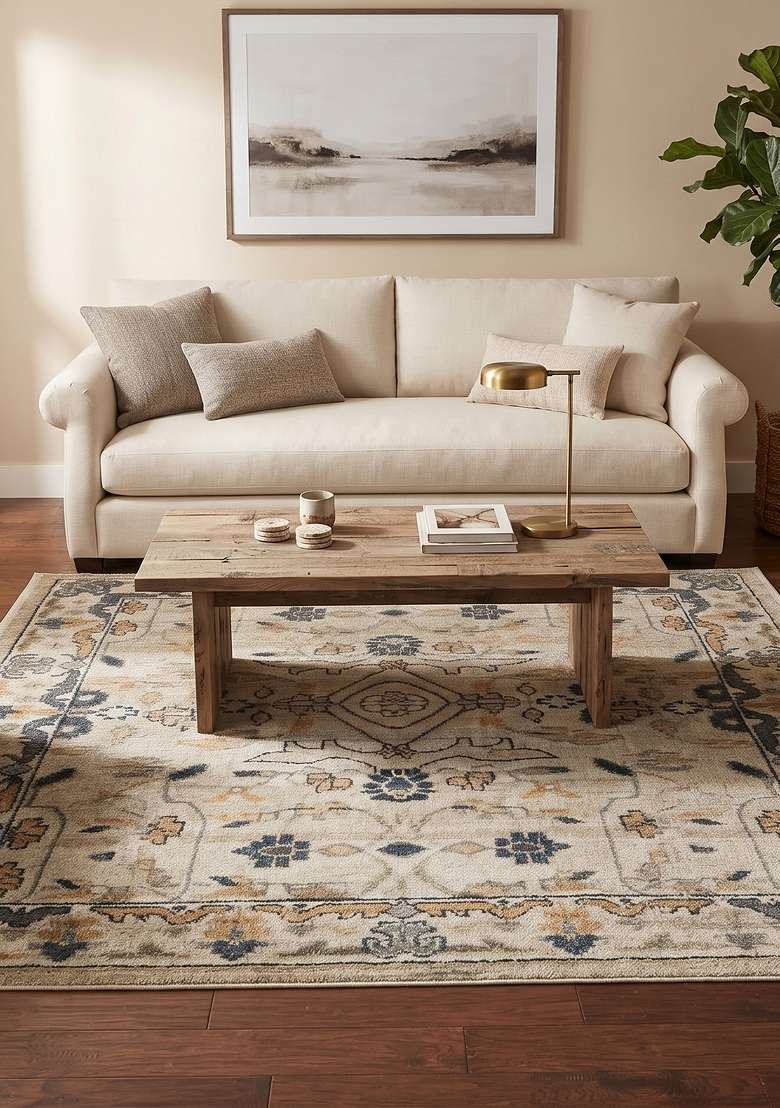 Saffron Rugs Hand Knotted Beige Wool Floral Rectangular Rug - Indya