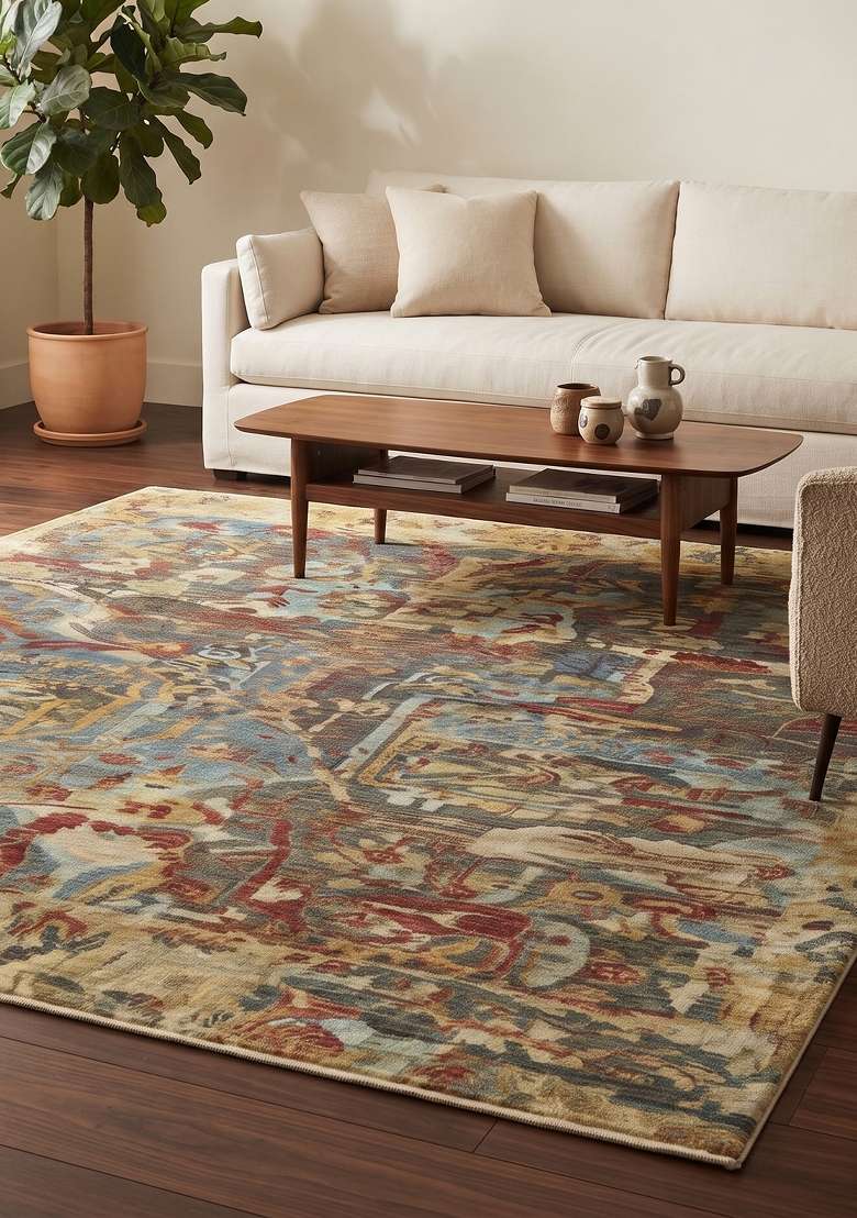 Saffron Rugs Hand Knotted Multicolor Blue Brown Red Wool Rug - Indya