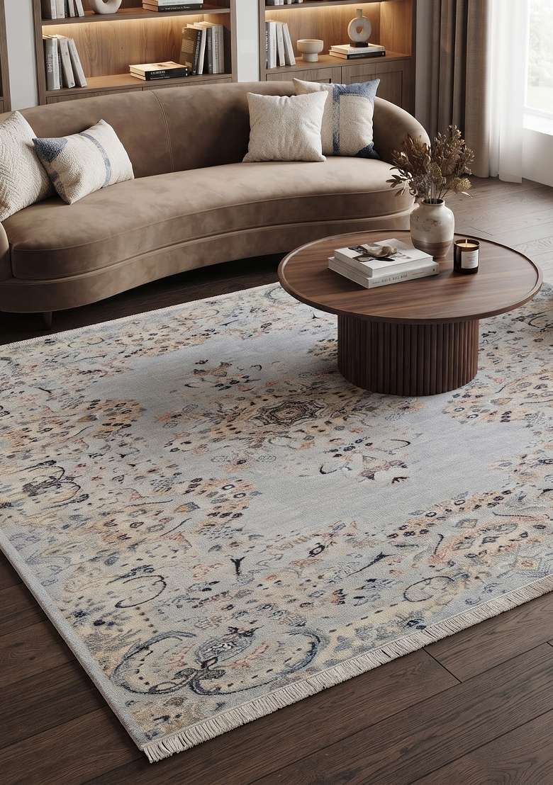Saffron Rugs Hand Knotted Light Grey Wool Floral Rectangular Rug - Indya