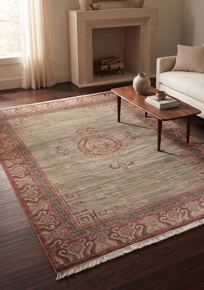 Saffron Rugs Sage Green Hand Knotted Wool Rectangular Rug - Indya
