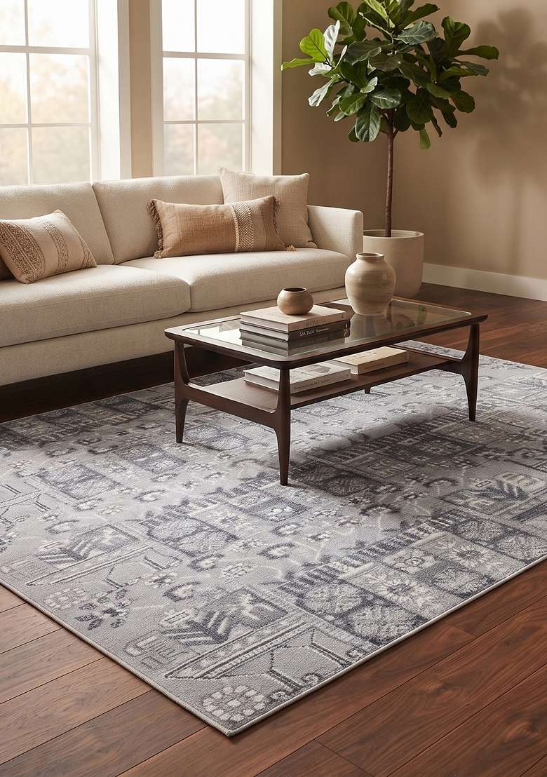 Saffron Rugs Hand Knotted Grey Blue Wool Rectangular Rug - Indya