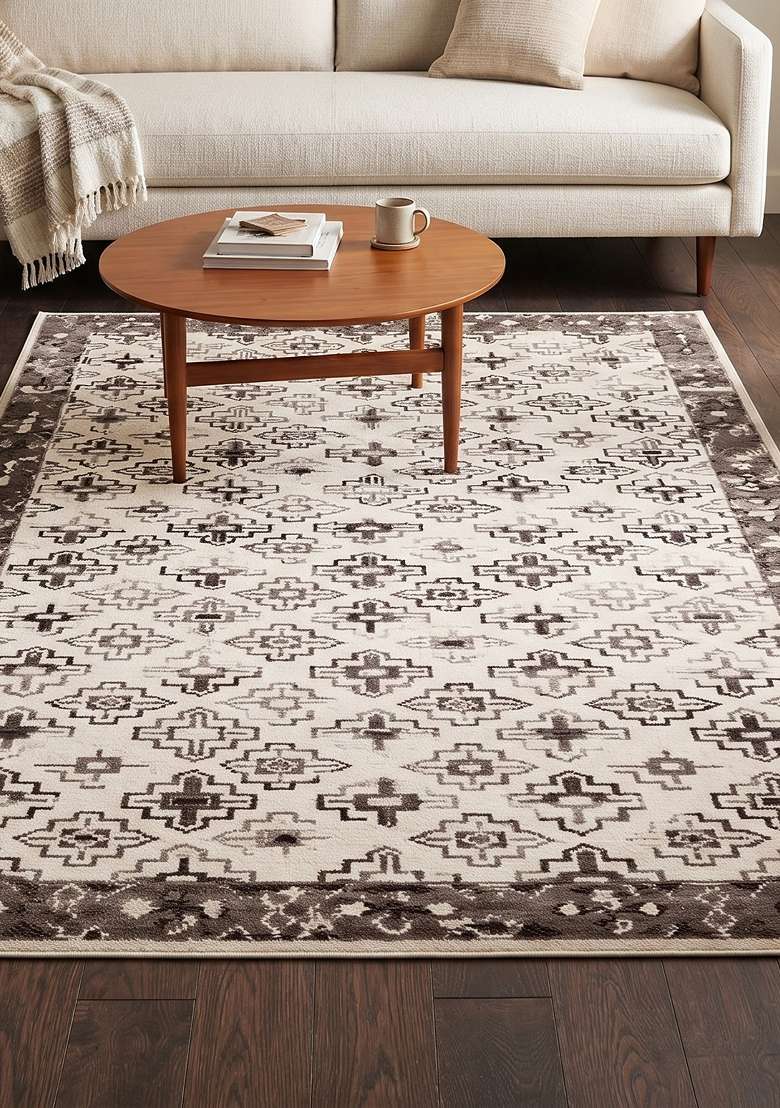 Saffron Rugs Ivory Brown Hand Knotted Wool Rectangular Rug - Indya