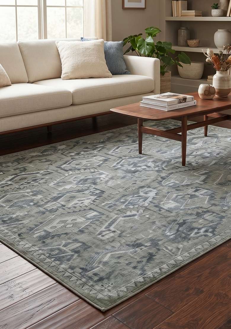 Saffron Rugs Sage Grey Green Hand Knotted Wool Rectangular Rug - Indya