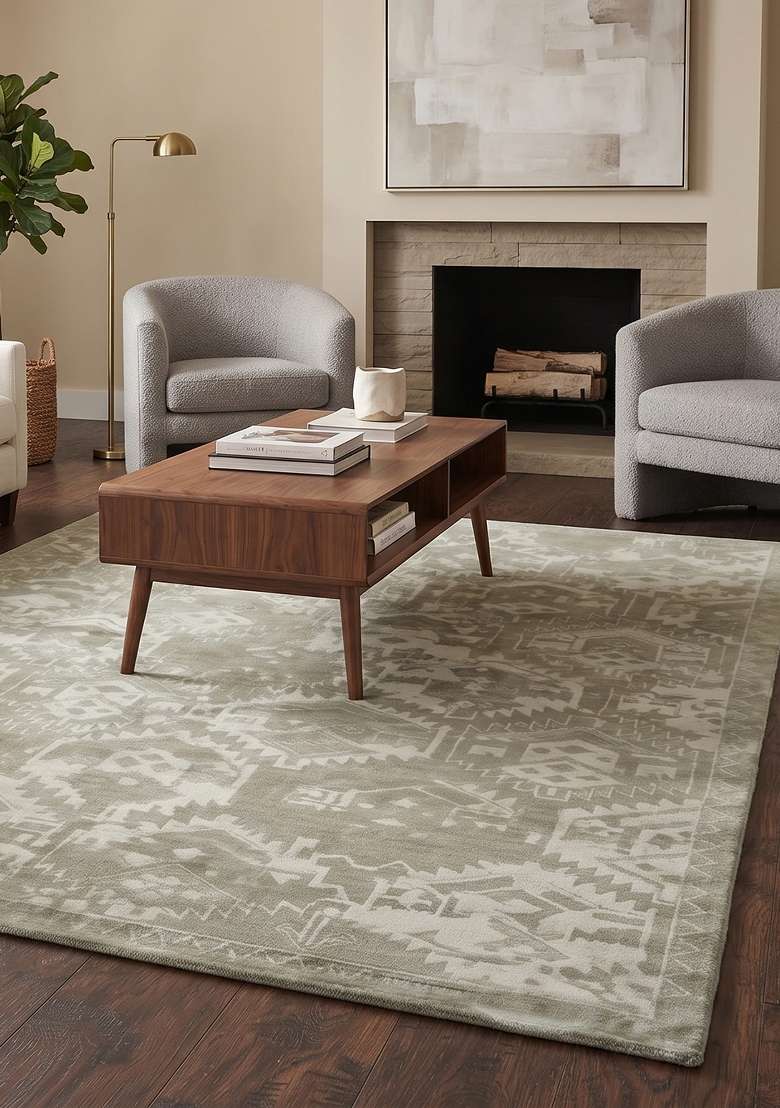 Saffron Rugs Sage Green Hand Knotted Wool Rectangular Rug - Indya
