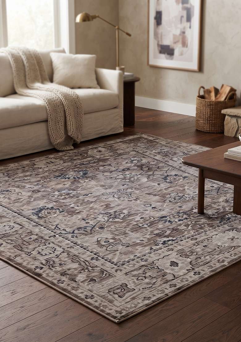 Saffron Rugs Hand Knotted Grey Taupe Wool Floral Rectangular Rug - Indya
