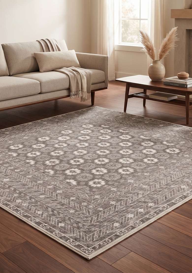 Saffron Rugs Grey Geometric Hand Knotted Wool Rectangular Rug - Indya