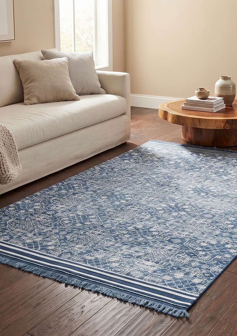 Saffron Rugs Hand Knotted Blue Wool Geometric Rectangular Rug - Indya