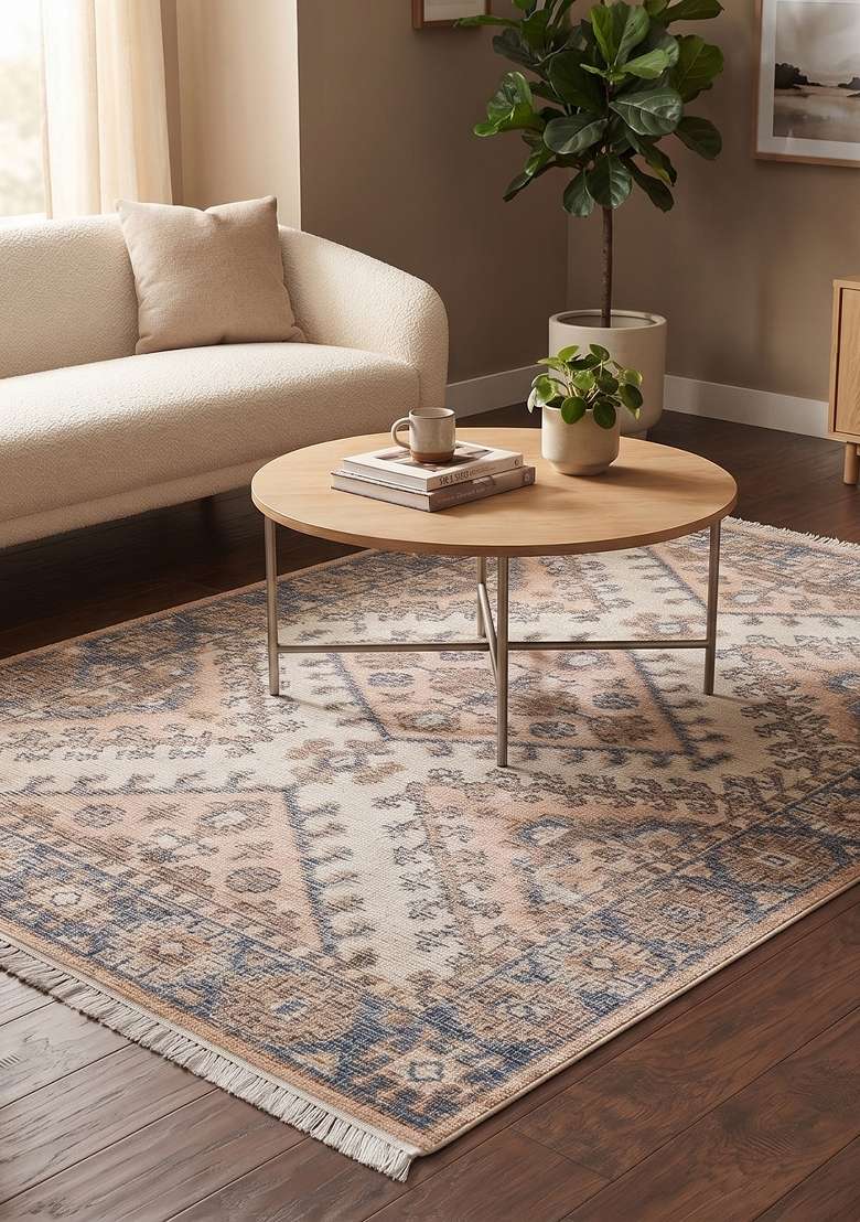Saffron Rugs Hand Knotted Beige Blue Tan Wool Rectangular Rug - Indya