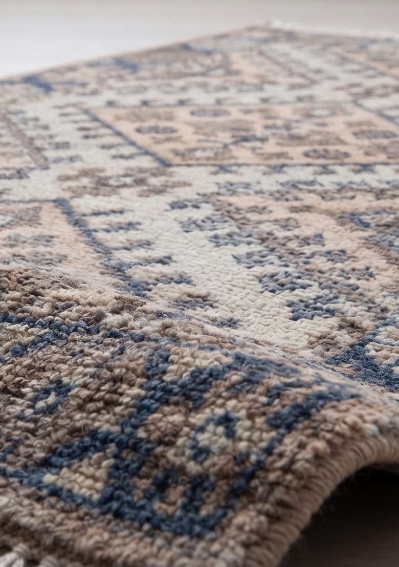 Saffron Rugs Beige Blue Tan Hand Knotted Wool Rectangular Rug - Indya