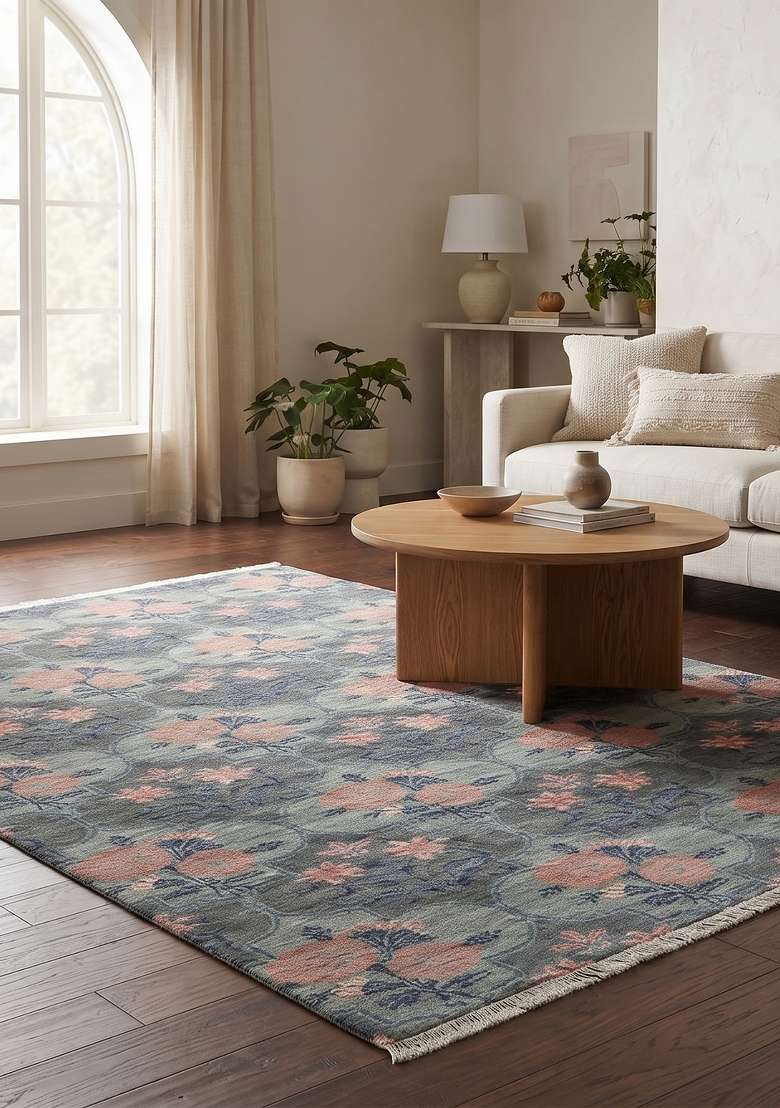Saffron Rugs Hand Knotted Blue Grey Wool Trellis Rectangular Rug - Indya