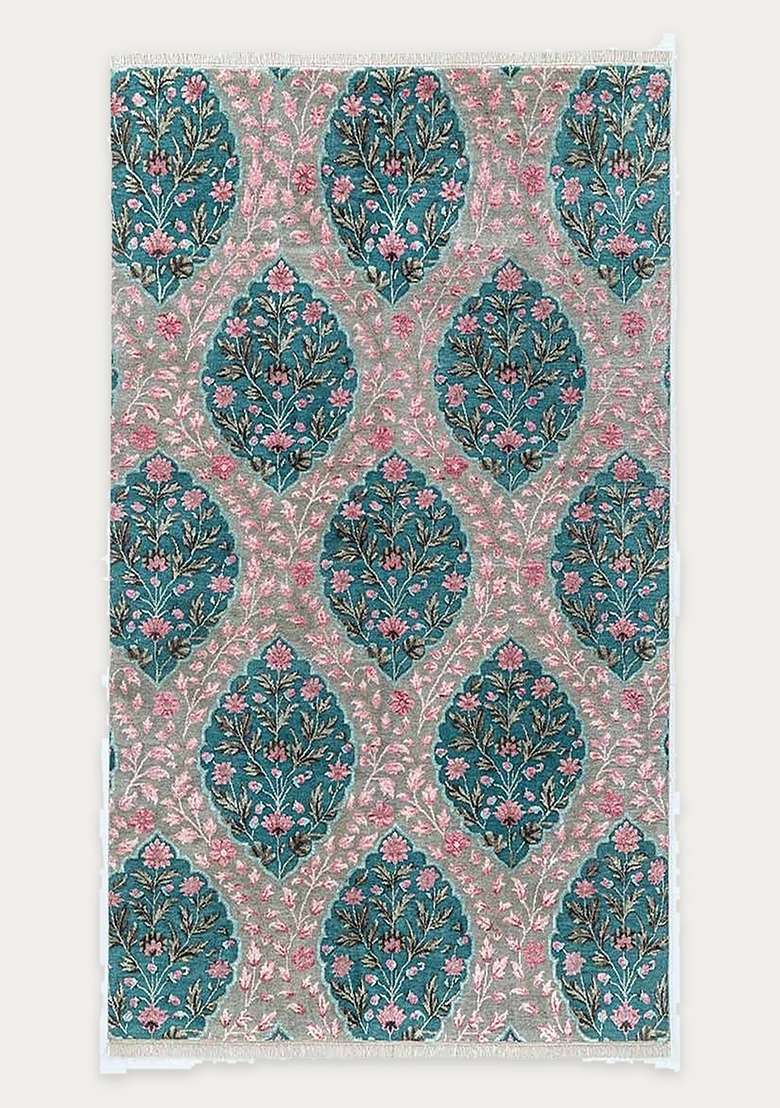 Saffron Rugs Hand Knotted Pink Teal Multi Wool Rectangular Rug - Indya