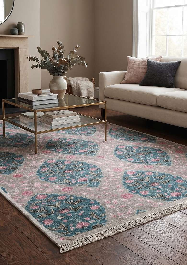 Saffron Rugs Pink Teal Multi Hand Knotted Wool Rectangular Rug - Indya