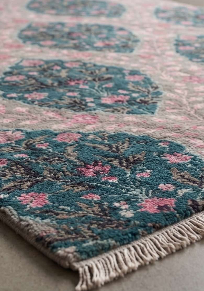 Saffron Rugs Hand Knotted Pink Teal Multi Wool Rectangular Rug - Indya