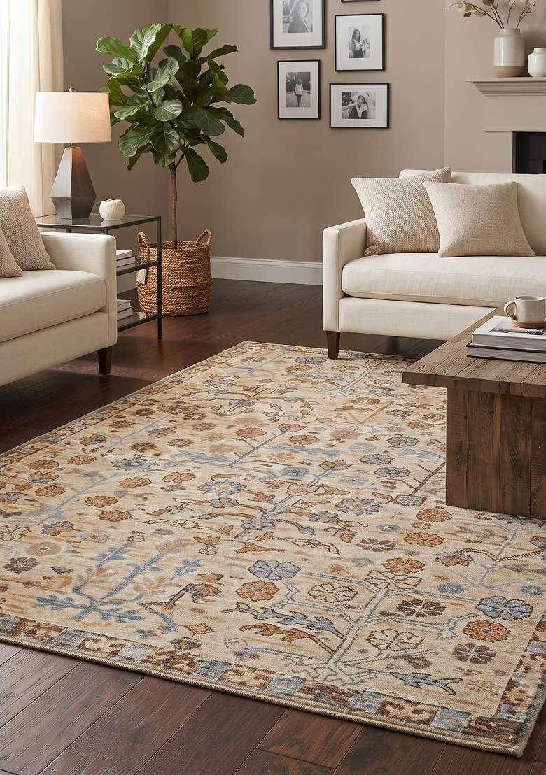 Saffron Rugs Hand Knotted Beige Wool Floral Rectangular Rug - Indya