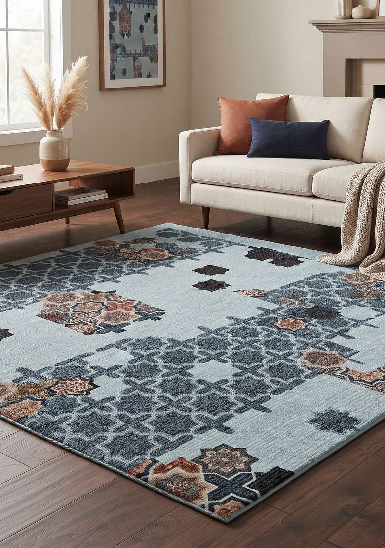 Saffron Rugs Light Blue Grey Hand Knotted Wool Rectangular Rug - Indya