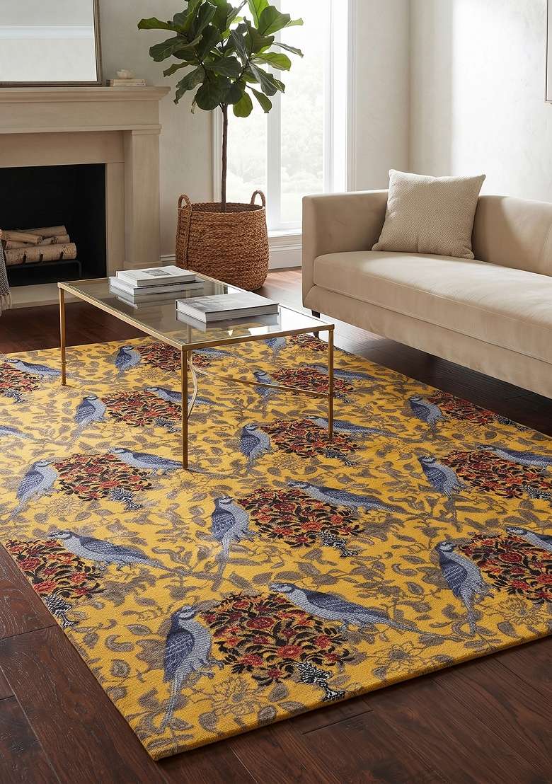 Saffron Rugs Hand Knotted Yellow Gold Wool Rectangular Rug - Indya