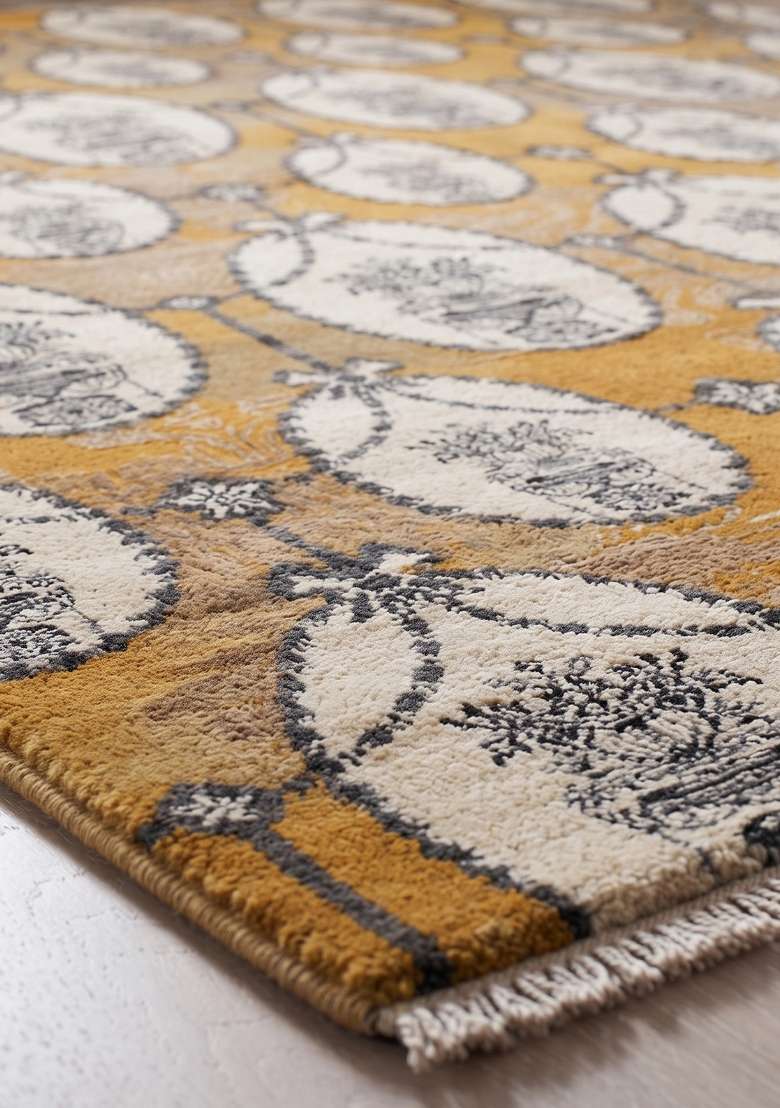 Saffron Rugs Mustard Gold Hand Knotted Wool Rectangular Rug - Indya