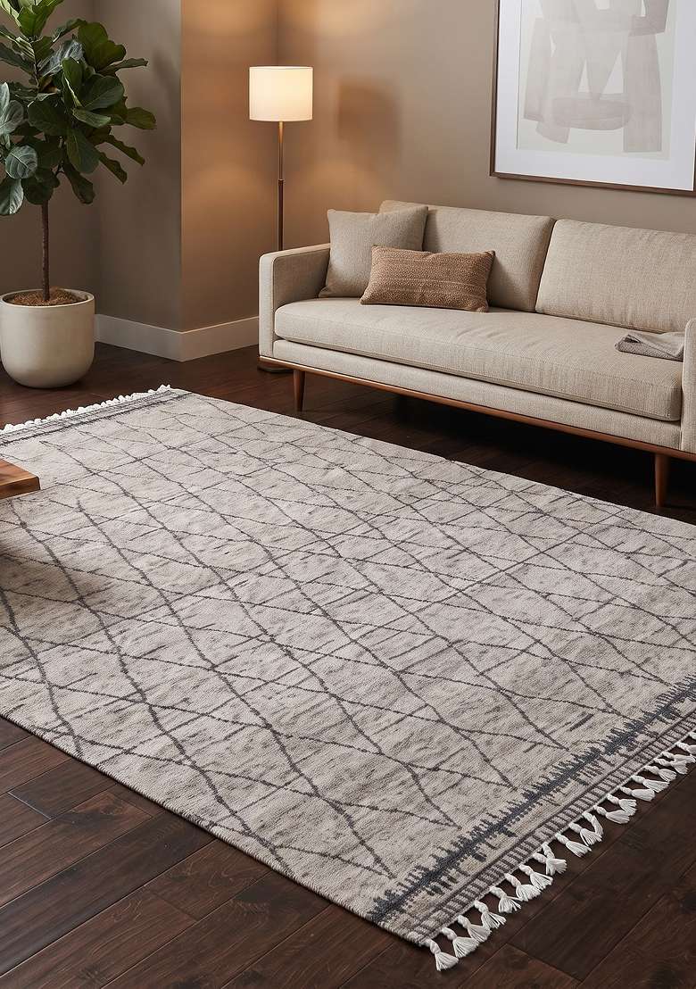 Saffron Rugs Hand Knotted Ivory Grey Wool Rectangular Rug - Indya