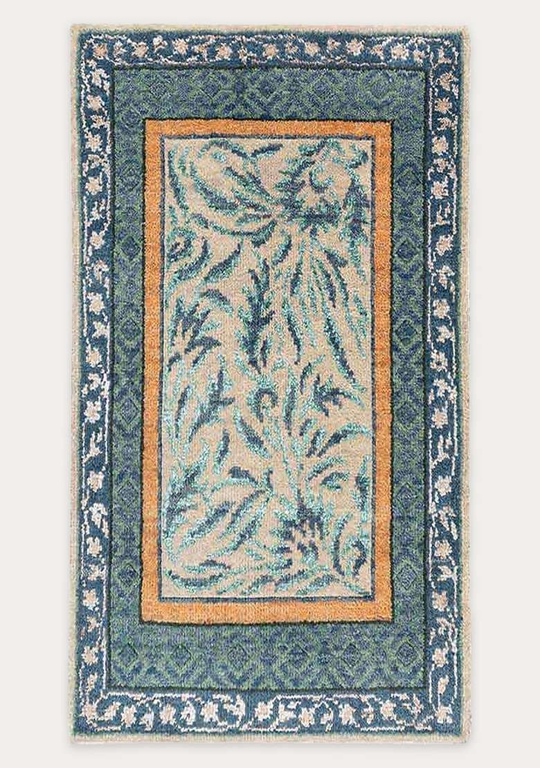 Saffron Rugs Hand Knotted Teal Blue Wool Floral Rectangular Rug - Indya