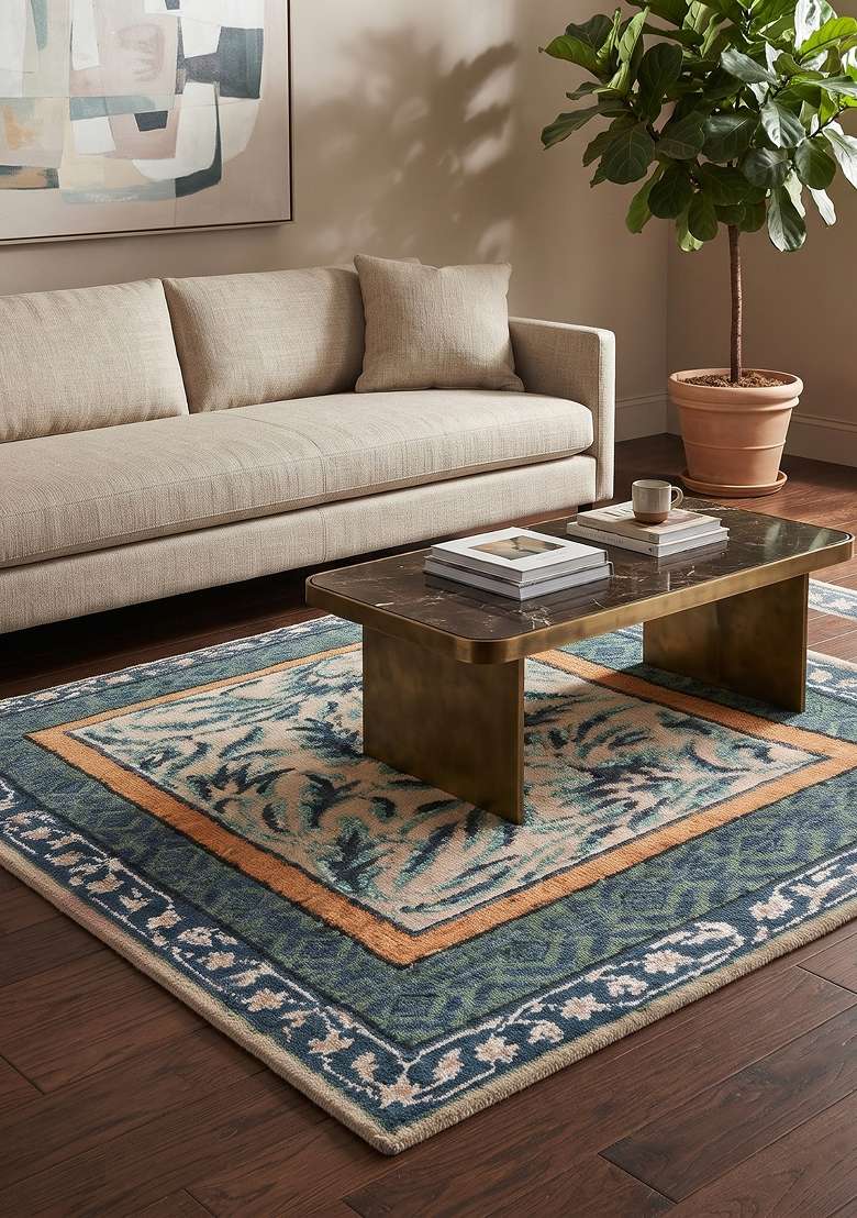 Saffron Rugs Teal Blue Floral Hand Knotted Wool Rectangular Rug - Indya