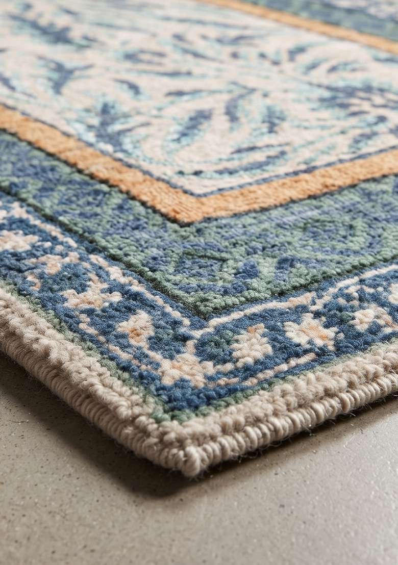 Saffron Rugs Hand Knotted Teal Blue Wool Floral Rectangular Rug - Indya
