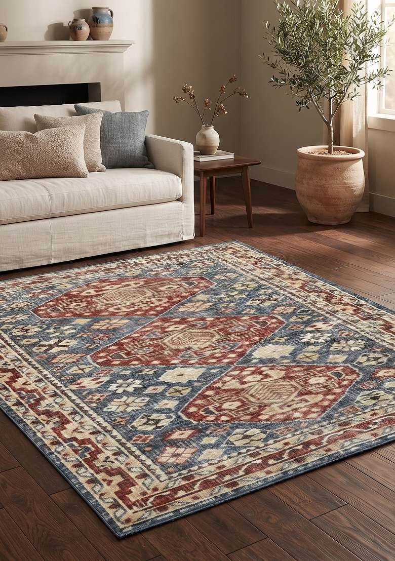 Saffron Rugs Hand Knotted Blue Red Multi Wool Rectangular Rug - Indya