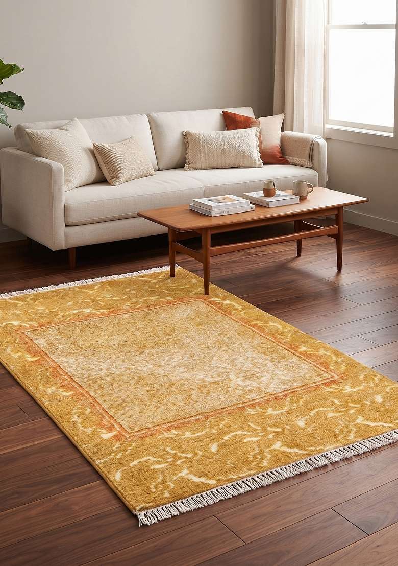 Saffron Rugs Golden Yellow Hand Knotted Wool Rectangular Rug - Indya