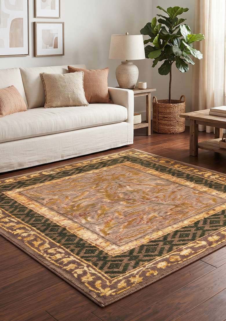 Saffron Rugs Hand Knotted Dark Green Gold Wool Rectangular Rug - Indya