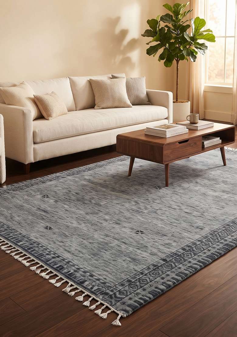 Saffron Rugs Hand Knotted Grey Wool Geometric Rectangular Rug - Indya