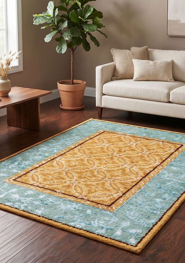 Saffron Rugs Hand Knotted Gold and Teal Wool Rectangular Rug - Indya