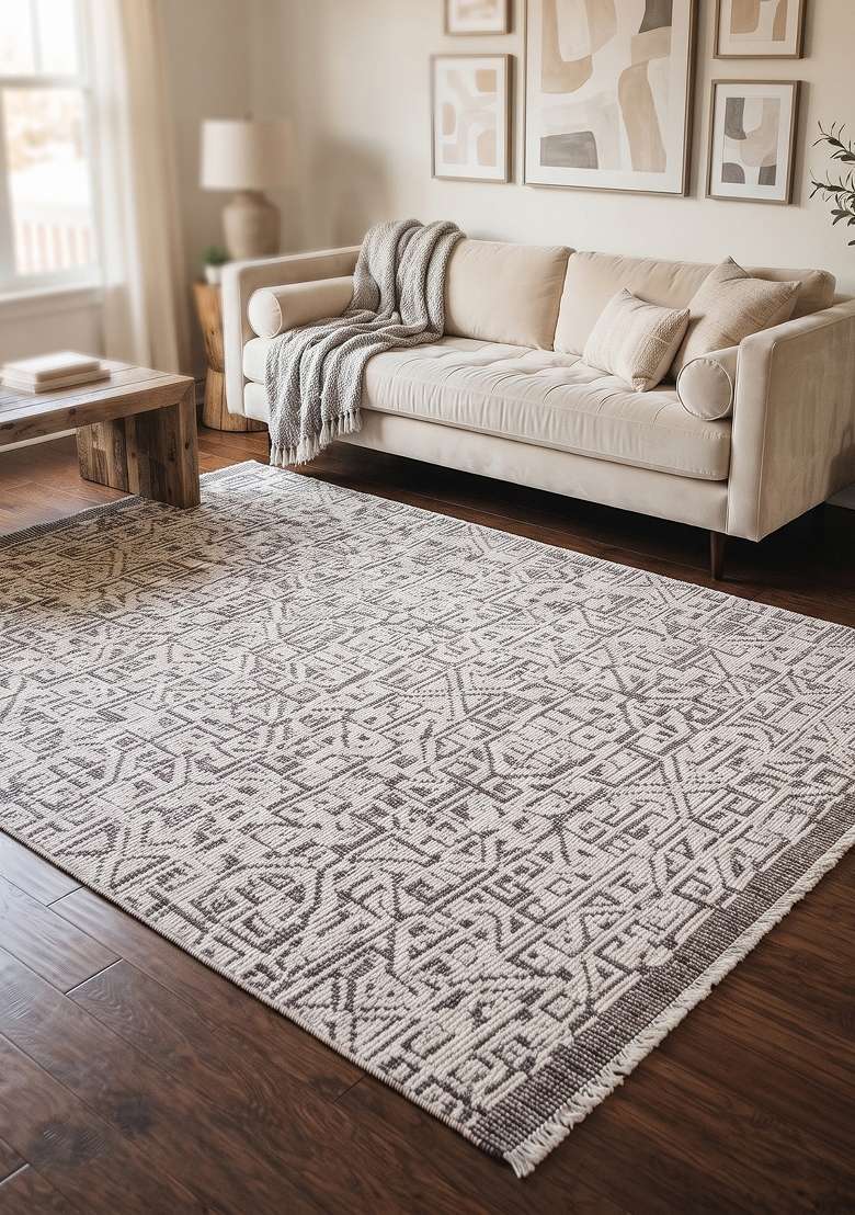 Saffron Rugs Hand Knotted Ivory Grey Wool Rectangular Rug - Indya