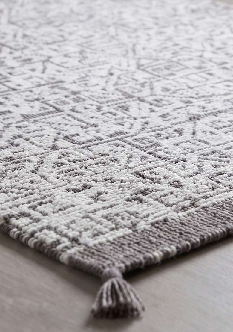 Saffron Rugs Ivory Grey Hand Knotted Wool Rectangular Rug - Indya