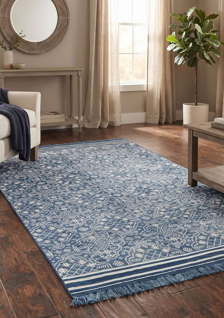 Saffron Rugs Hand Knotted Blue Wool Geometric Rectangular Rug - Indya
