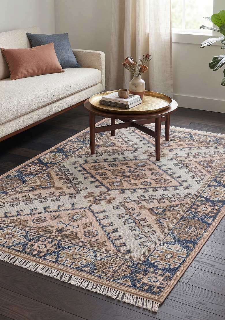 Saffron Rugs Ivory Blue Tan Hand Knotted Wool Rectangular Rug - Indya