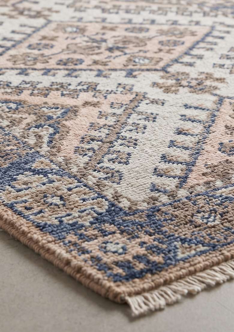Saffron Rugs Hand Knotted Ivory Blue Tan Wool Rectangular Rug - Indya