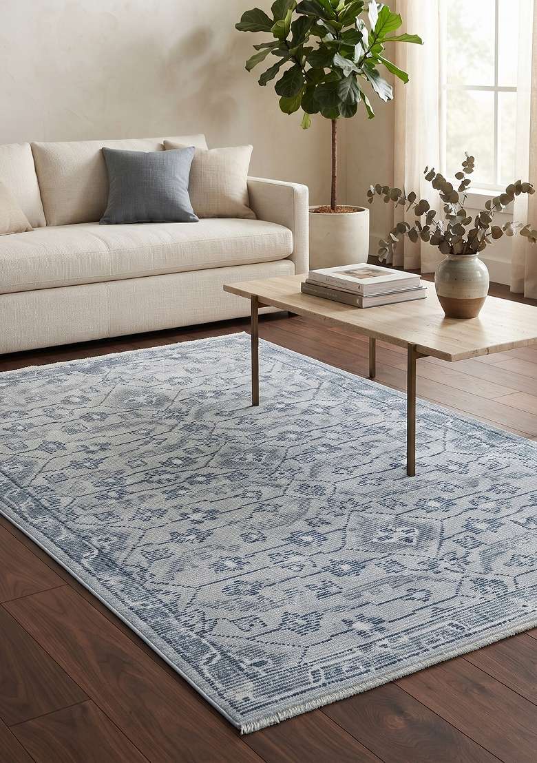Saffron Rugs Hand Knotted Light Blue Grey Wool Rectangular Rug - Indya