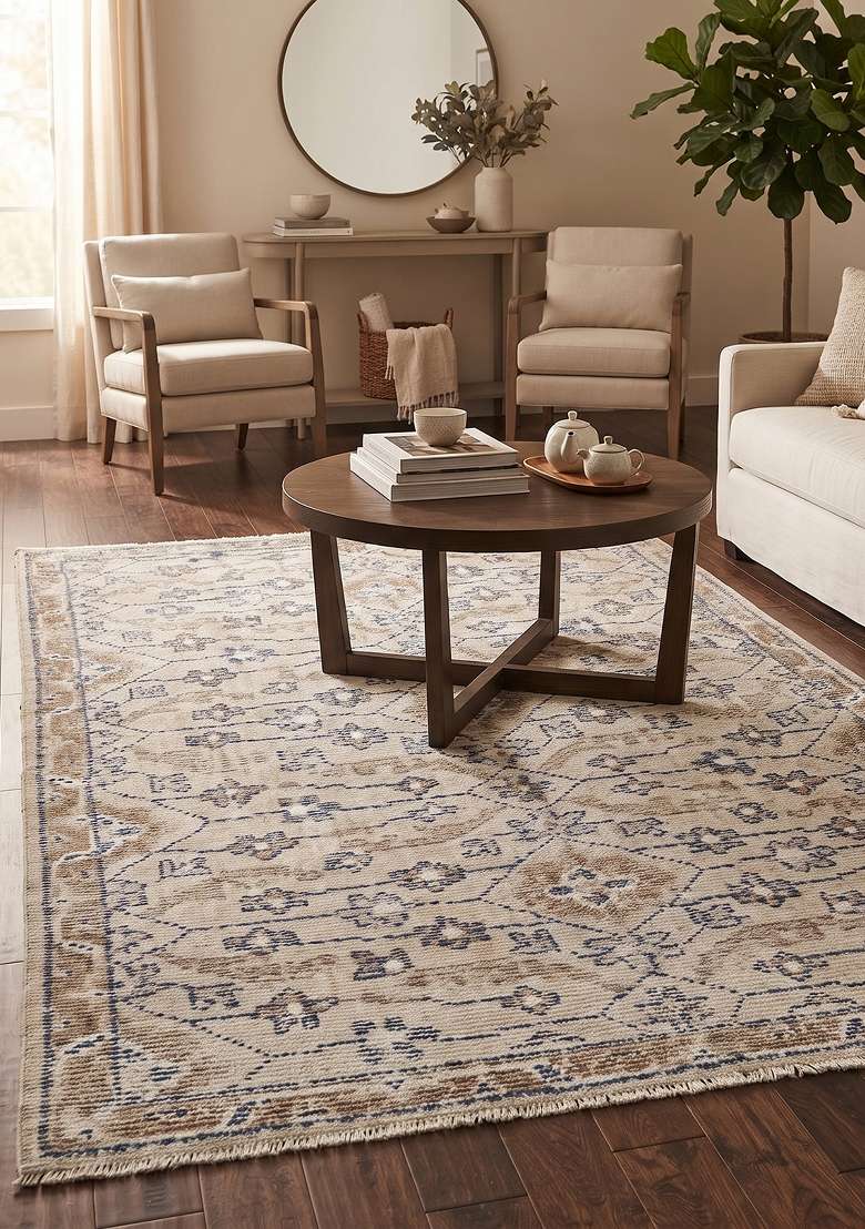 Saffron Rugs Hand Knotted Beige Wool Geometric Rectangular Rug - Indya